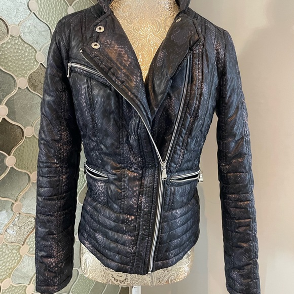 GUESS Womens Python Print Moto Puffer Jacket Black/gray XS - Picture 2 of 14
